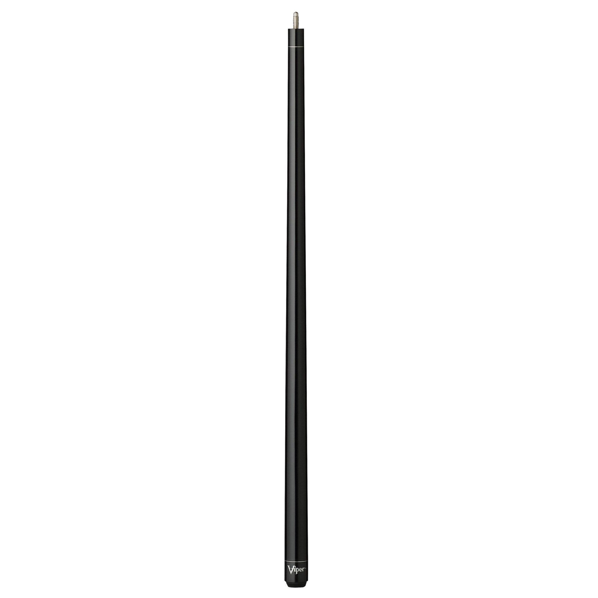 Black cue stick with metal joint at top and wrap-free grip area at bottom
