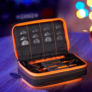 Orange and black dart case open showing dart slots and accessories compartment