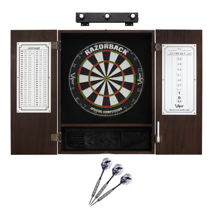 Viper Razorback Sisal Dartboard, Metropolitan Espresso Cabinet, Underground The Raven Steel Tip Darts & Shadow Buster Dartboard Lights Darts Viper 