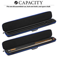 Two blue and black cue cases, one empty and one holding a wooden cue shaft and chalk