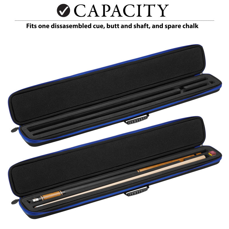 Two blue and black cue cases, one empty and one holding a wooden cue shaft and chalk