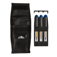 Black dart case and holder with three darts with blue flights and gold shafts