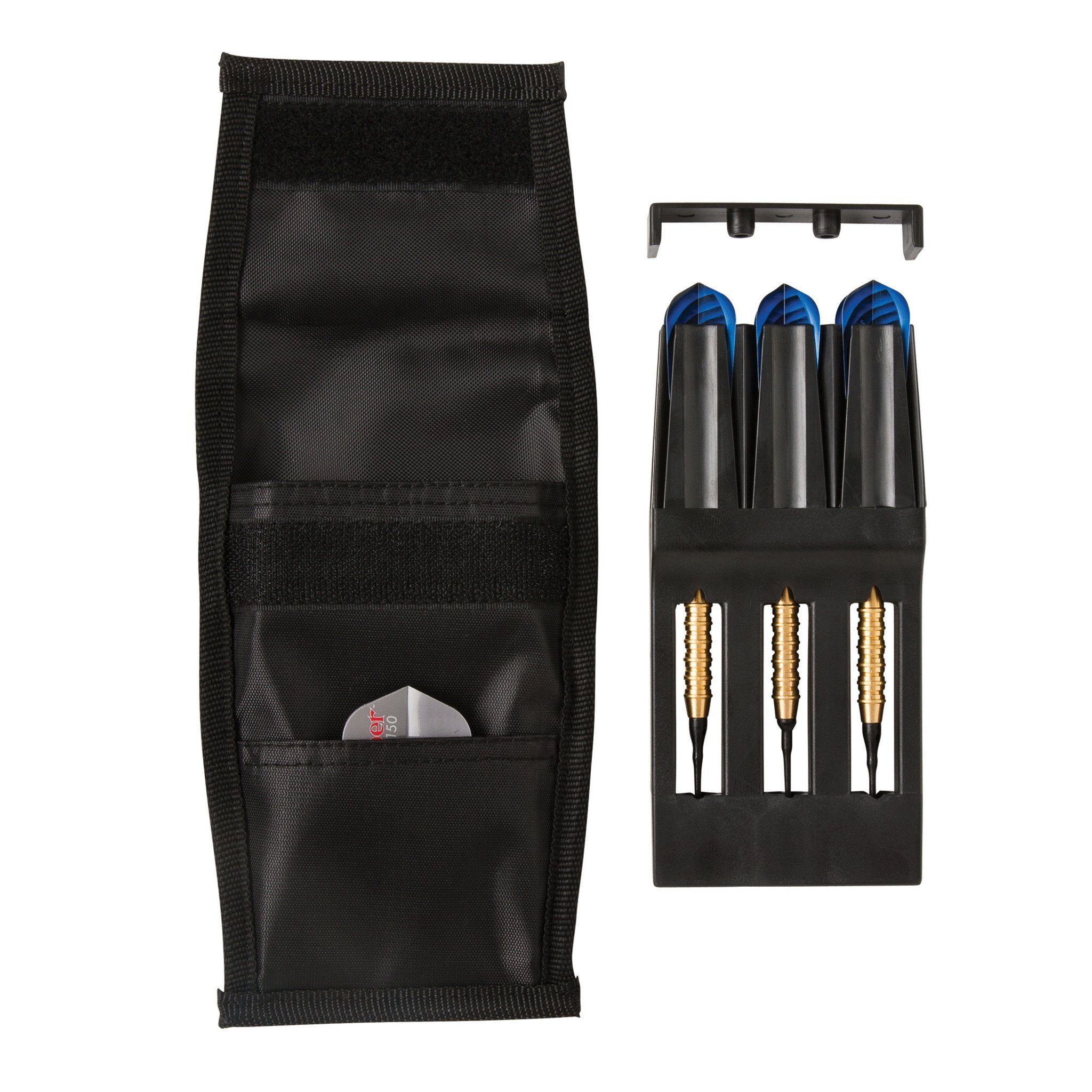 Black dart case and holder with three darts with blue flights and gold shafts