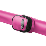 Pink cue case with black trim and zipper wrapped around a pink cue stick