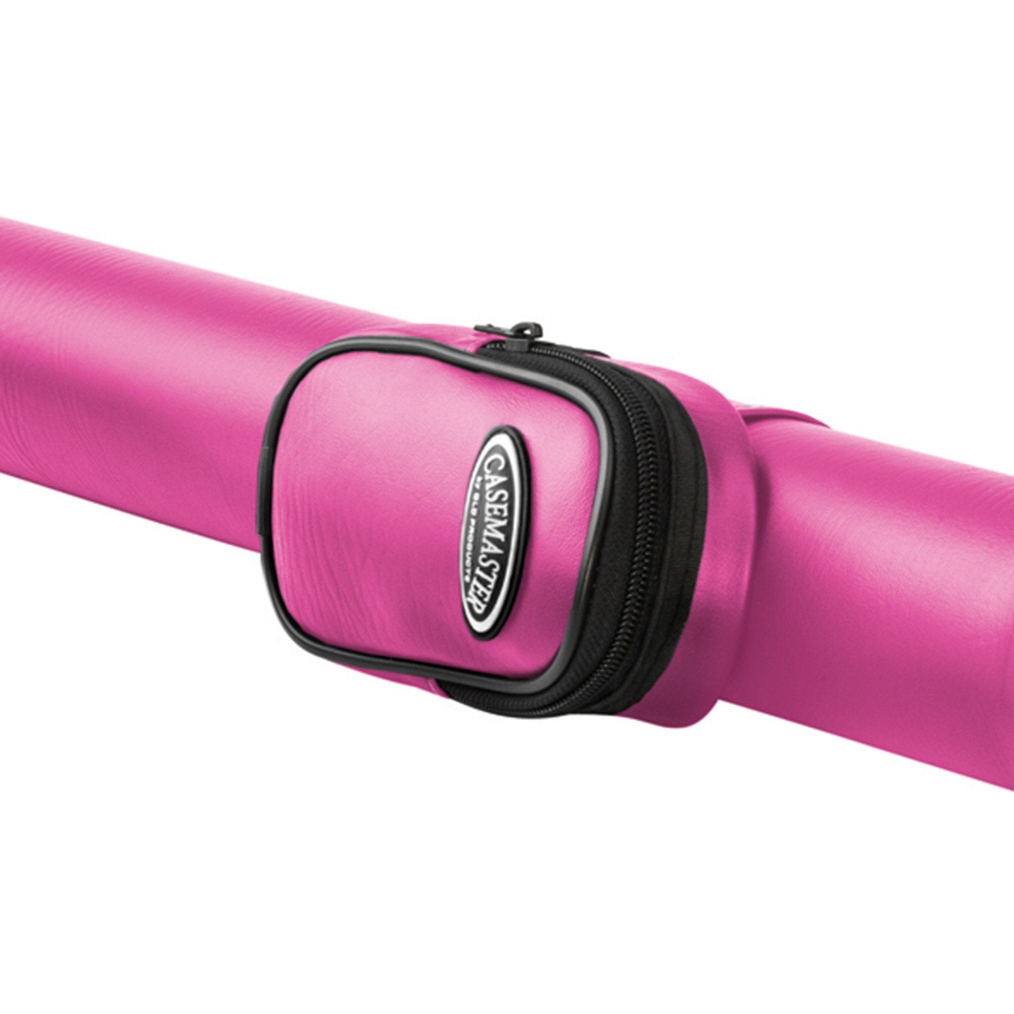 Pink cue case with black trim and zipper wrapped around a pink cue stick