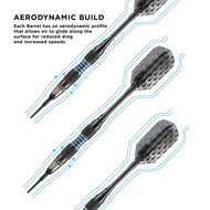 Three black darts with blue accent rings and diamond-patterned flights with airflow diagram