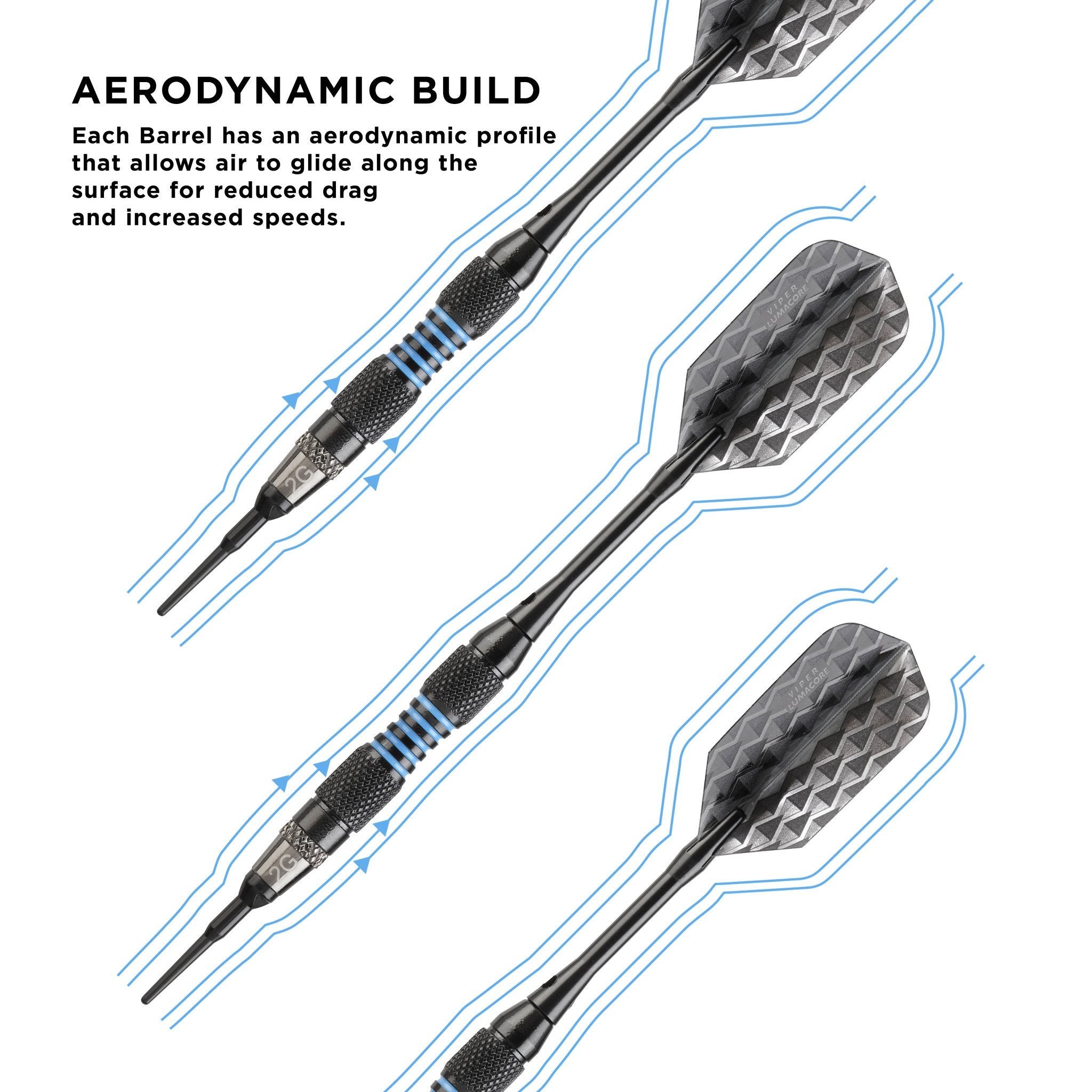 Three black darts with blue accent rings and diamond-patterned flights with airflow diagram