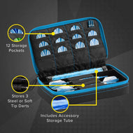 Black dart case with blue trim showing 12 storage pockets and accessory compartment