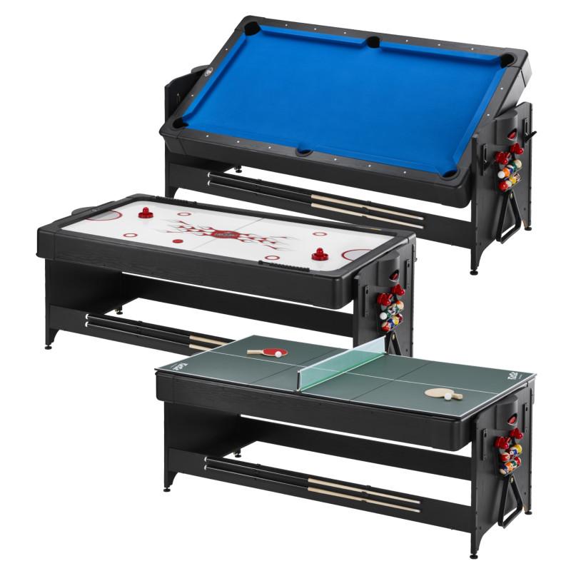 Fat Cat Pockey multi-game table shown stacked in three modes: blue pool, air hockey, green table tennis