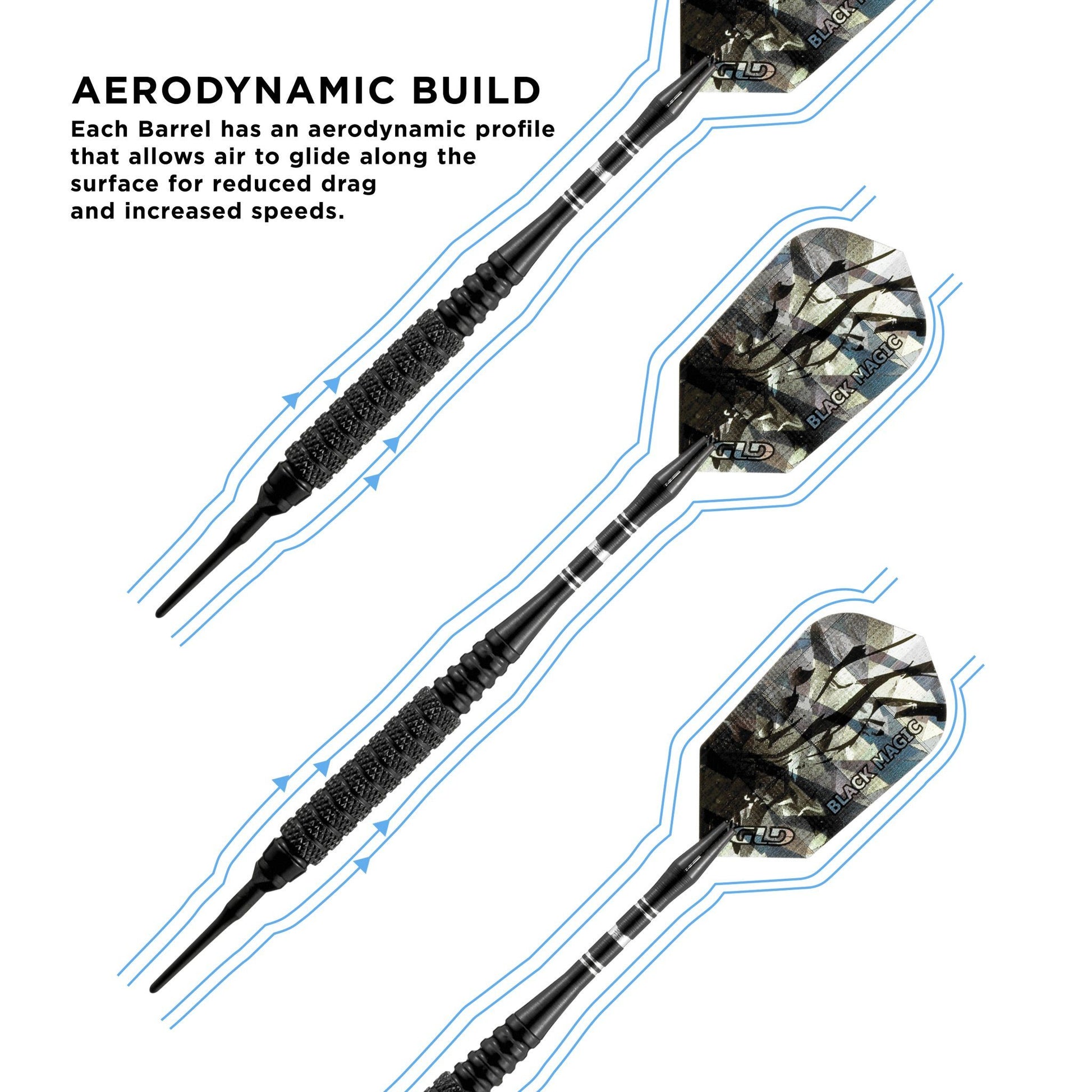 Three black darts with knurled grips and camo flights displayed with airflow diagram arrows