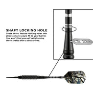 Black Magic dart with knurled grip, camo flight, and shaft locking hole detail