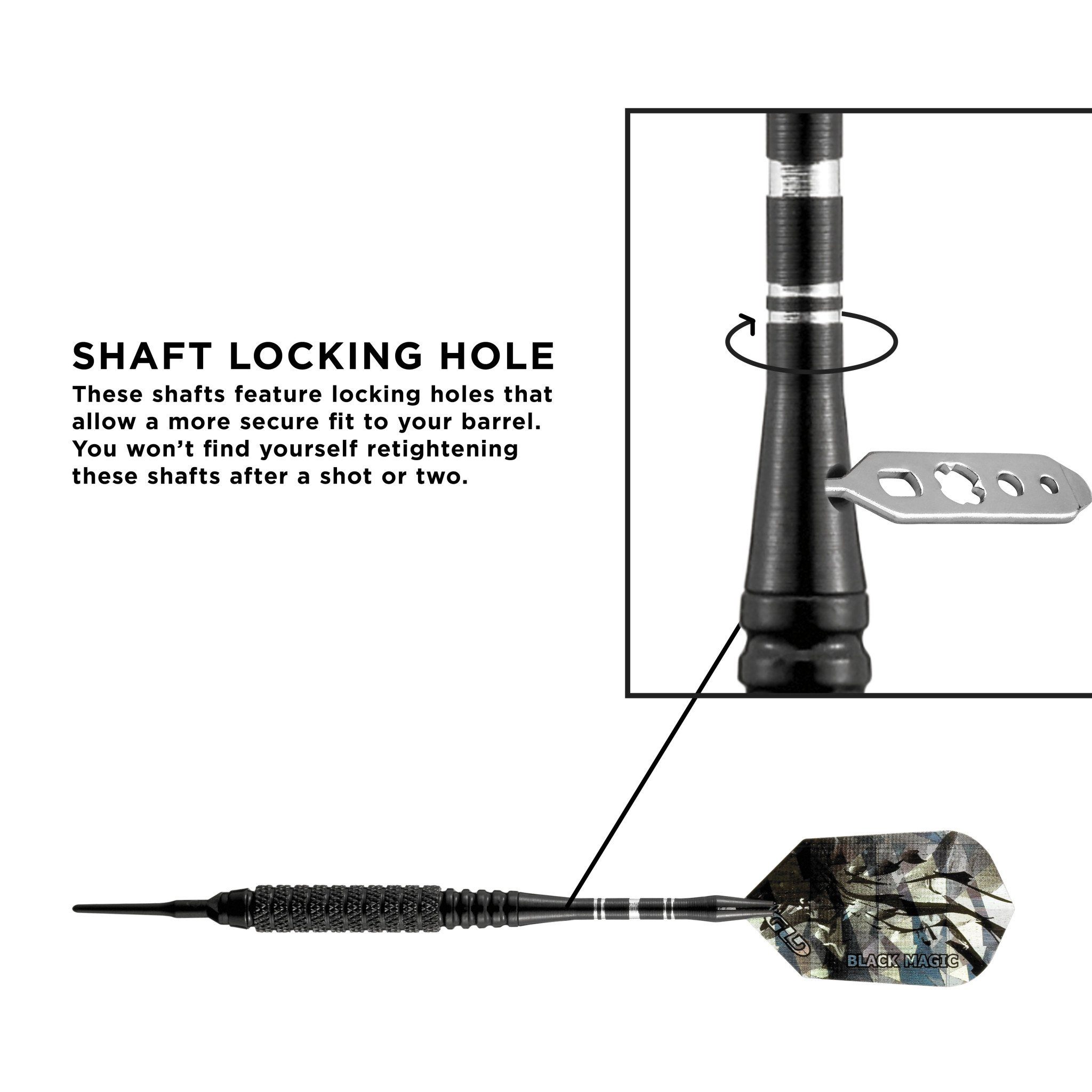Black Magic dart with knurled grip, camo flight, and shaft locking hole detail