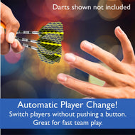Two people holding black and yellow patterned dart flights with metal shafts