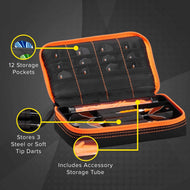 Open dart case with orange trim displaying 12 black storage pockets and darts inside