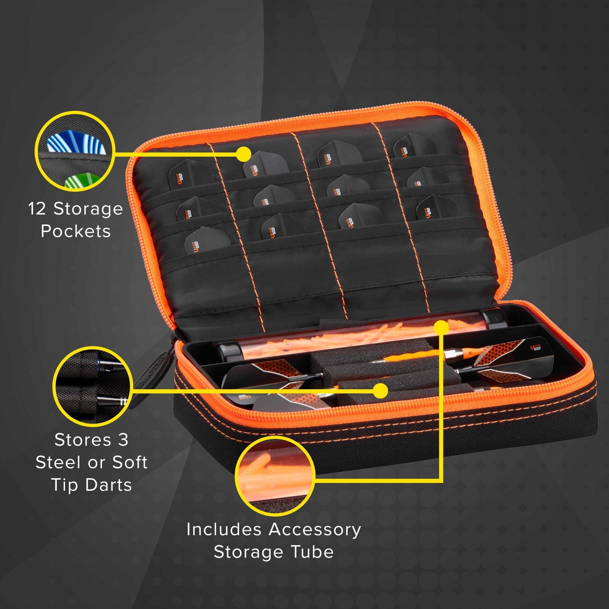 Open dart case with orange trim displaying 12 black storage pockets and darts inside