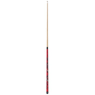 Billiards cue stick with natural wood shaft and red grip wrapped with black dragon graphic design