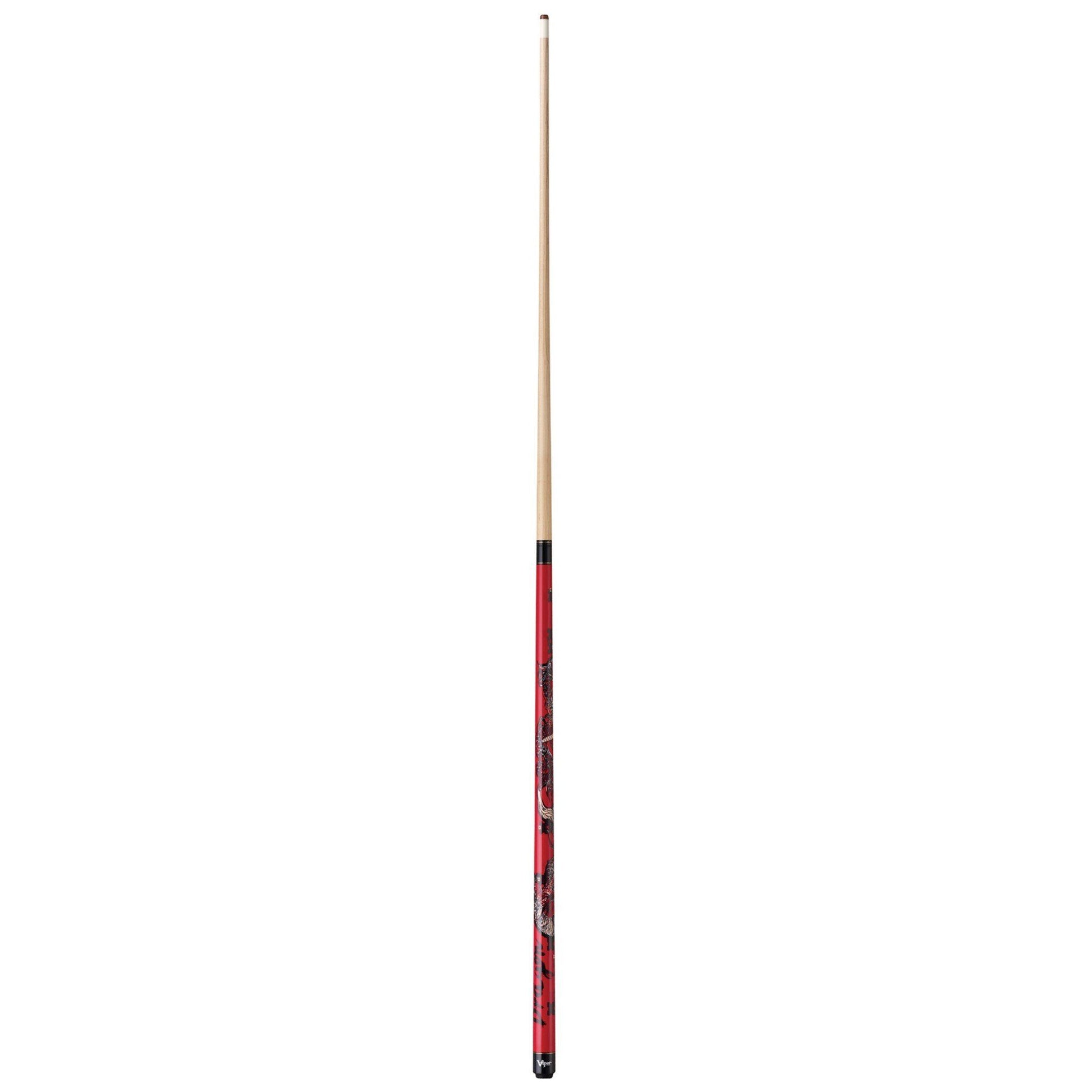 Billiards cue stick with natural wood shaft and red grip wrapped with black dragon graphic design