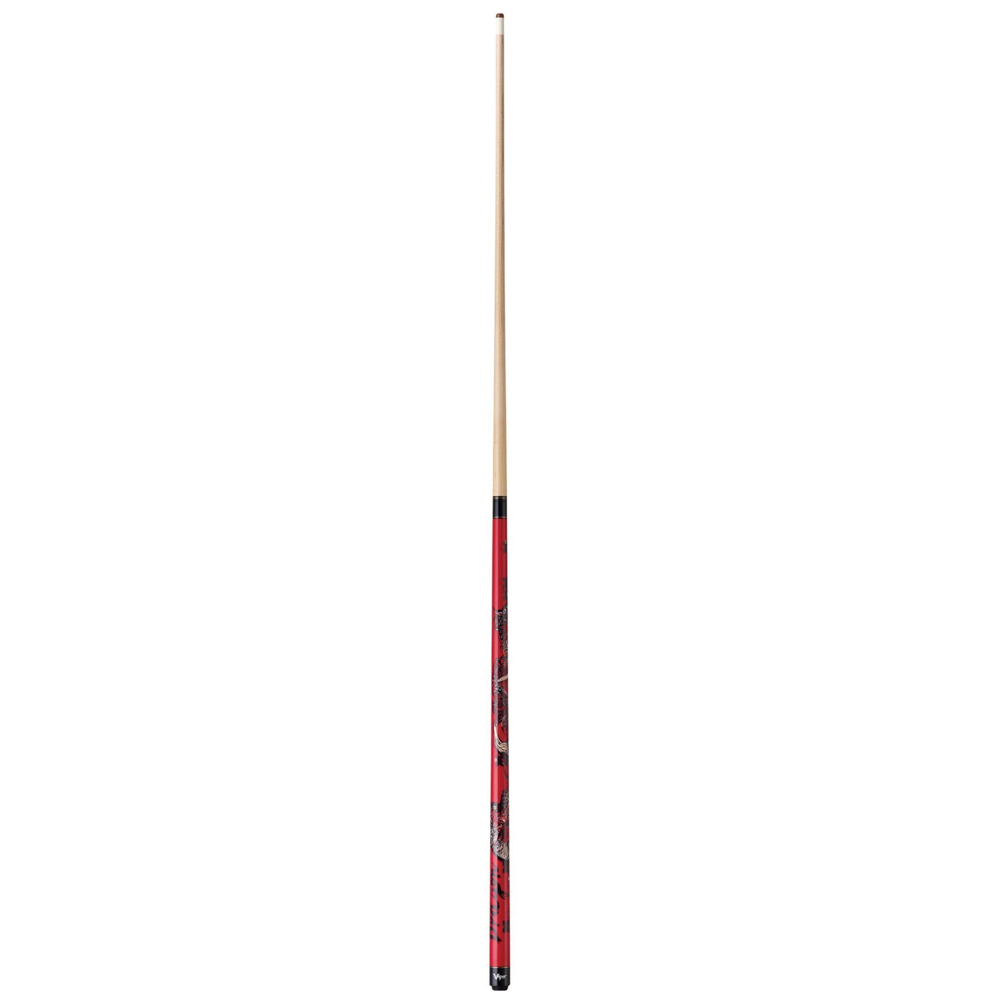 Billiards cue stick with natural wood shaft and red grip wrapped with black dragon graphic design