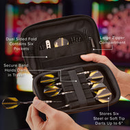 Two hands holding open a black dart case with yellow and black darts in elastic bands