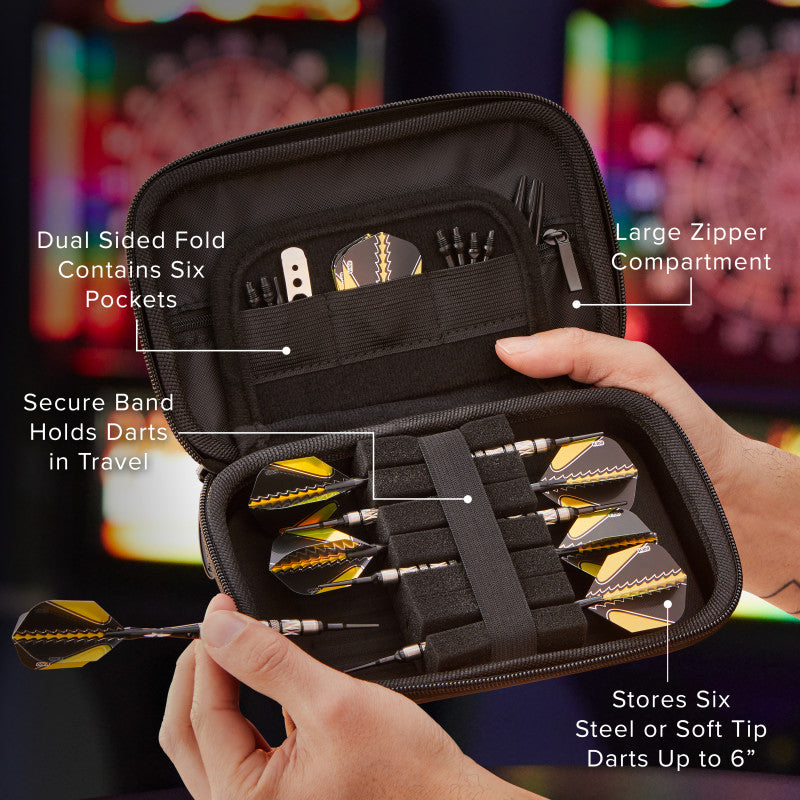 Two hands holding open a black dart case with yellow and black darts in elastic bands