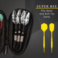 Black zippered dart case holding three darts with silver barrels and two separate yellow soft-tip darts