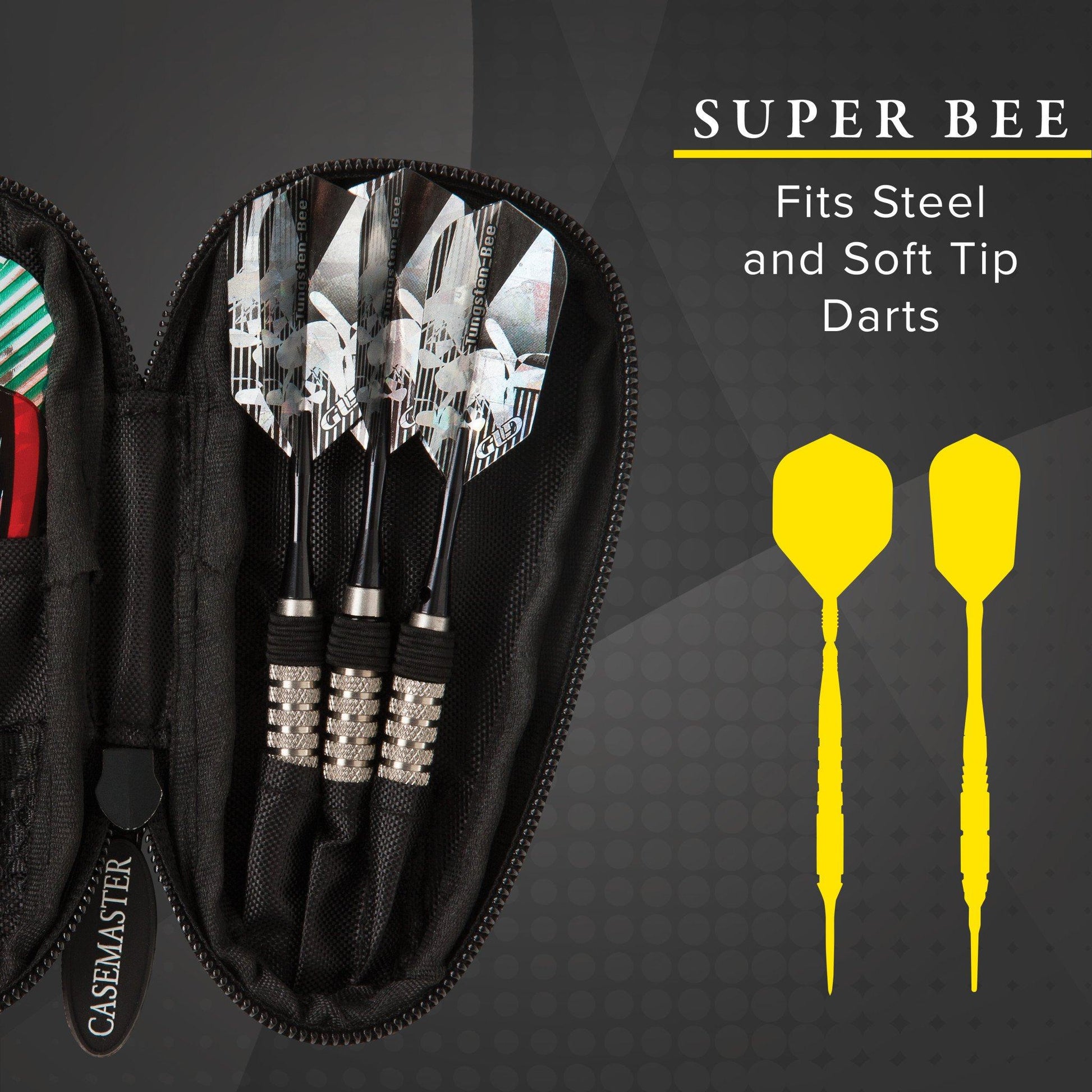 Black zippered dart case holding three darts with silver barrels and two separate yellow soft-tip darts