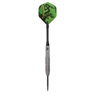 Dart with green hexagonal flight, black shaft, and textured metal grip with steel tip