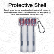 Clear plastic dart case holding three darts with red and blue flights, attached carabiner clip on side
