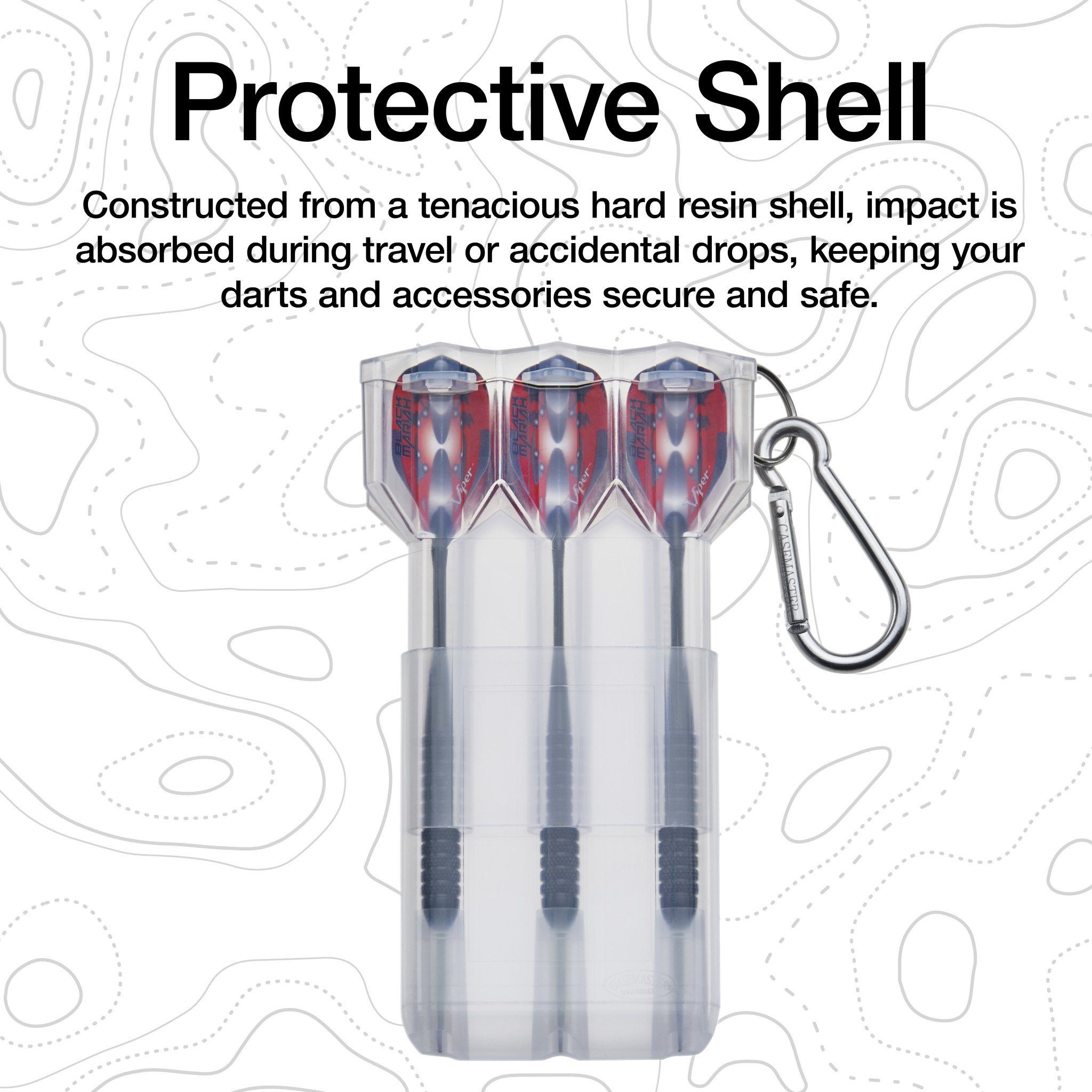 Clear plastic dart case holding three darts with red and blue flights, attached carabiner clip on side