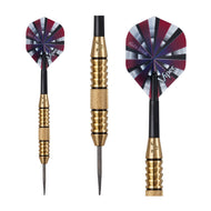 Three darts with burgundy and navy striped flights, brass barrels, and black stems
