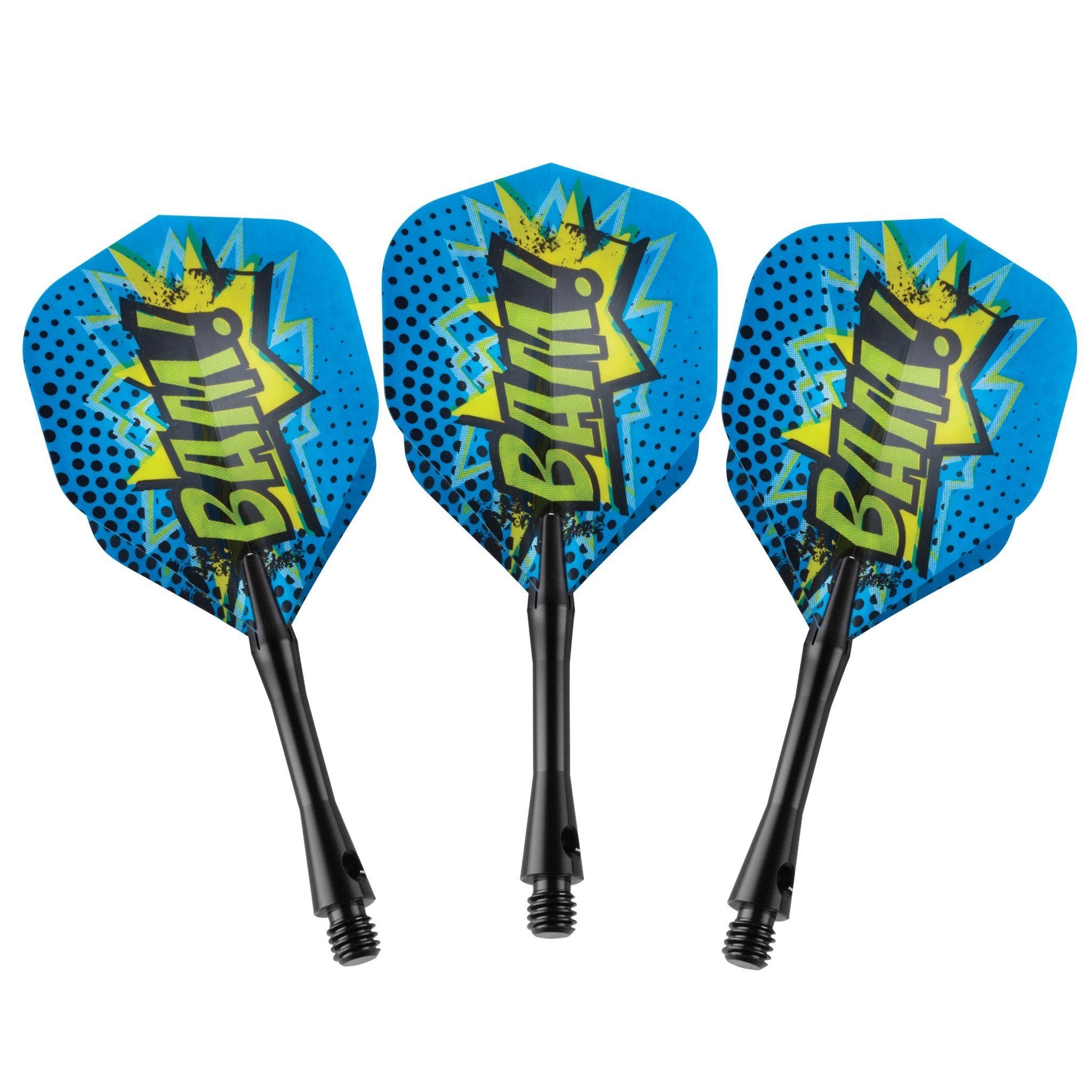 Three blue dart flights with yellow crown and "BASH" text, black shafts with threaded metal tips