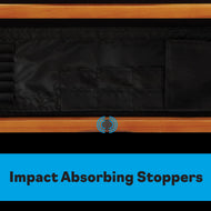 Billiards table rail with brown wood, black felt, and blue stopper