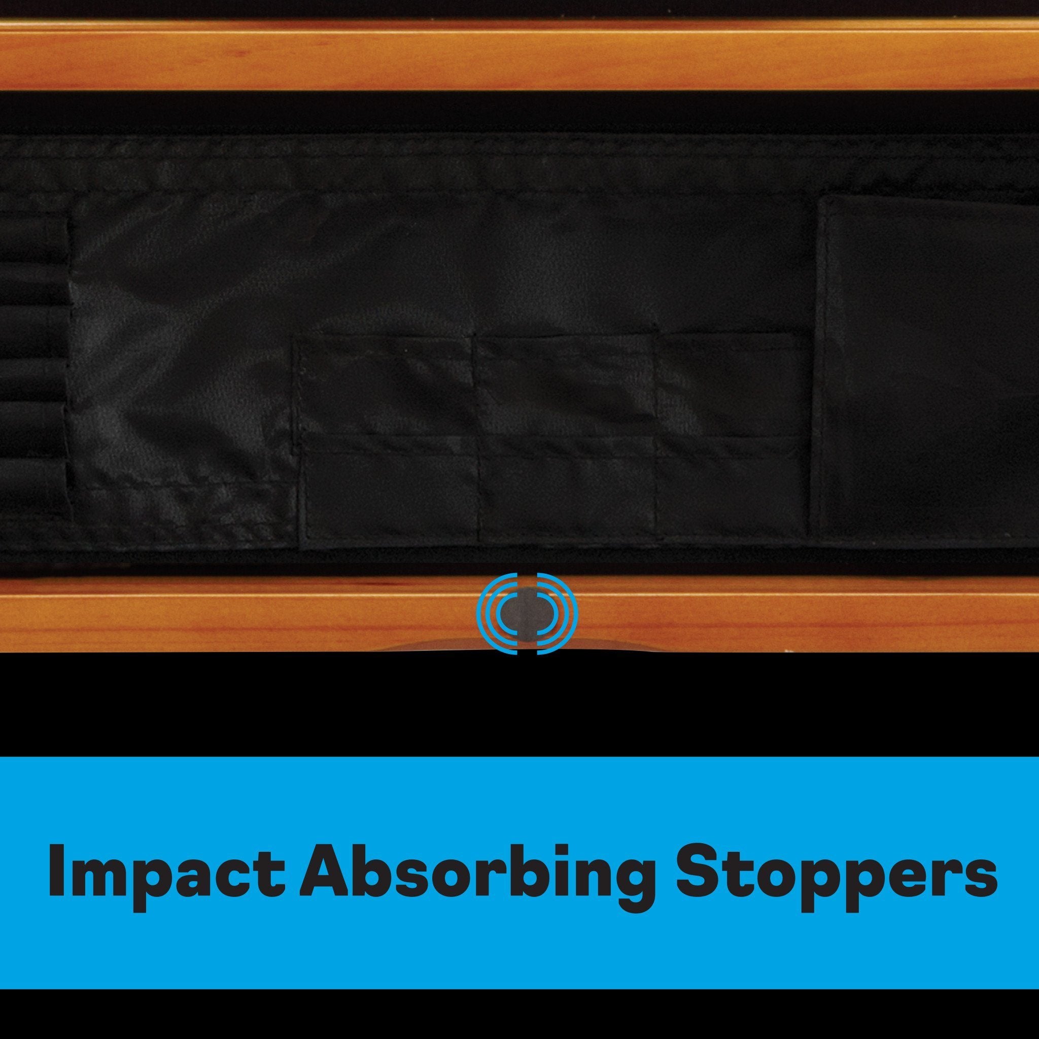 Billiards table rail with brown wood, black felt, and blue stopper