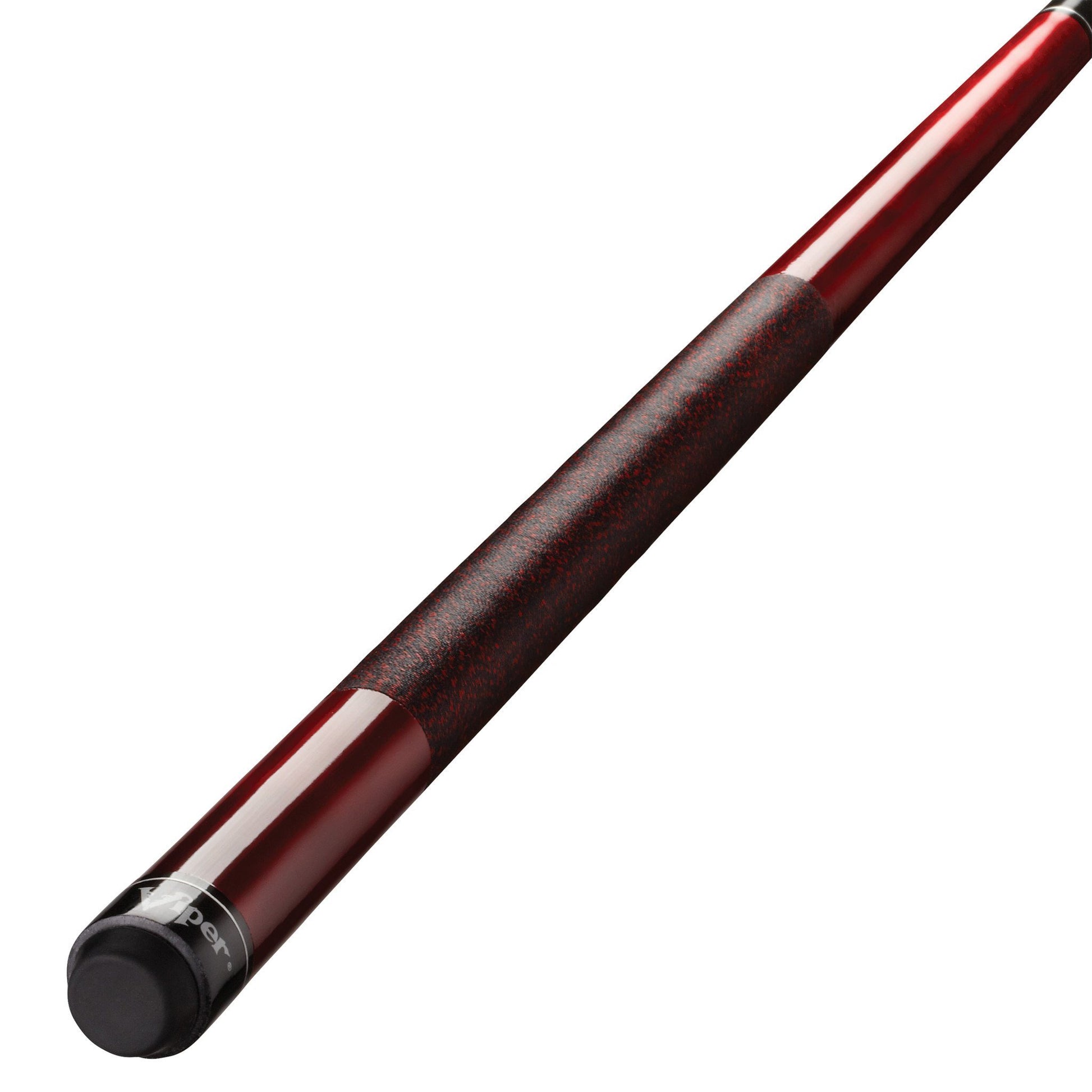 Red and burgundy billiard cue stick with dark wrapped grip section and black butt cap