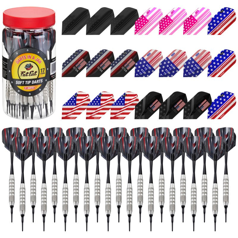 Fat Cat 21 Darts in a Jar Soft Tip 17 Grams with Patriot Dart Flights