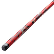 Red billiards cue stick with dragon graphic wrap and black grip end, displayed diagonally