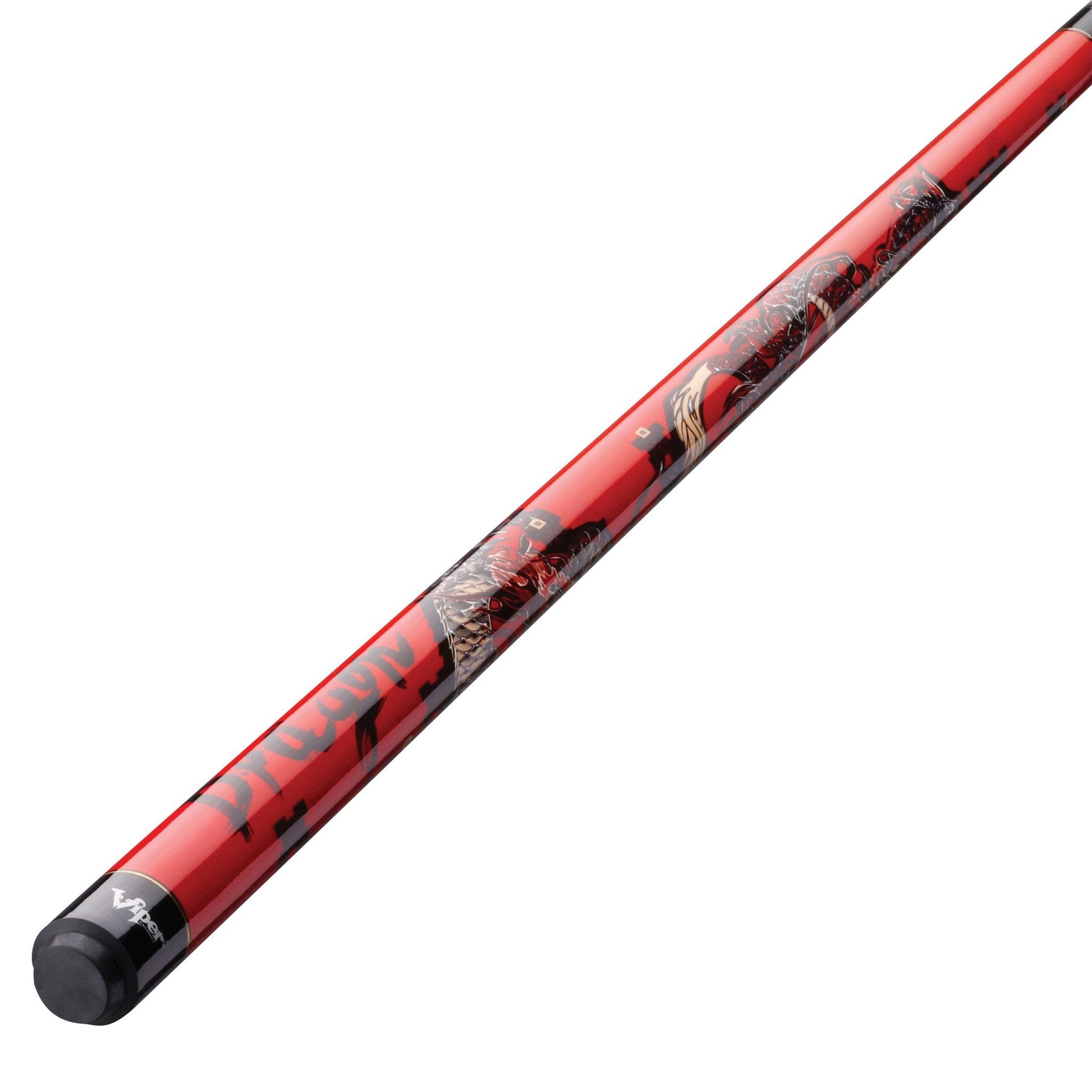 Red billiards cue stick with dragon graphic wrap and black grip end, displayed diagonally