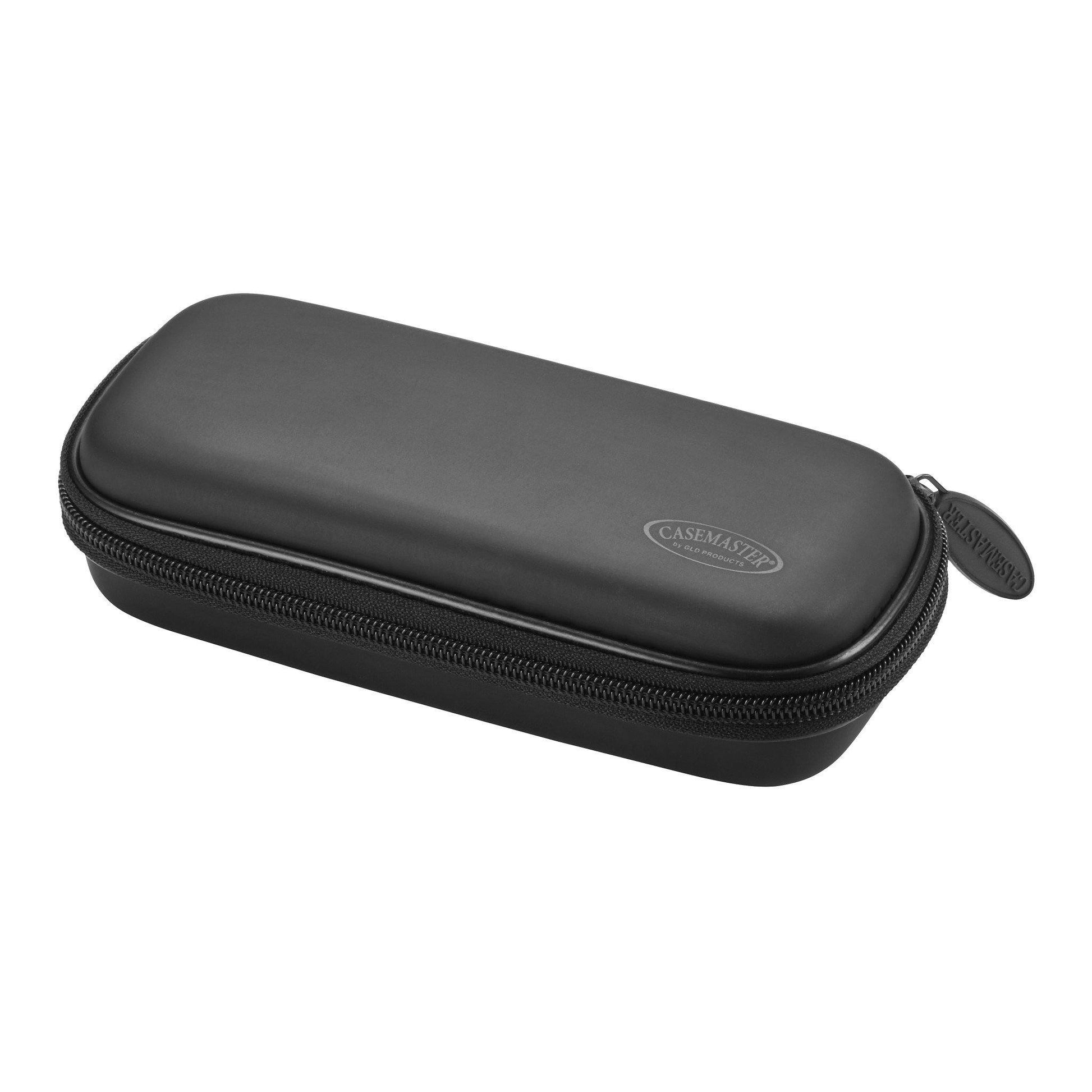 Black oval hard case with zippered pouch and carry handle labeled Casemaster