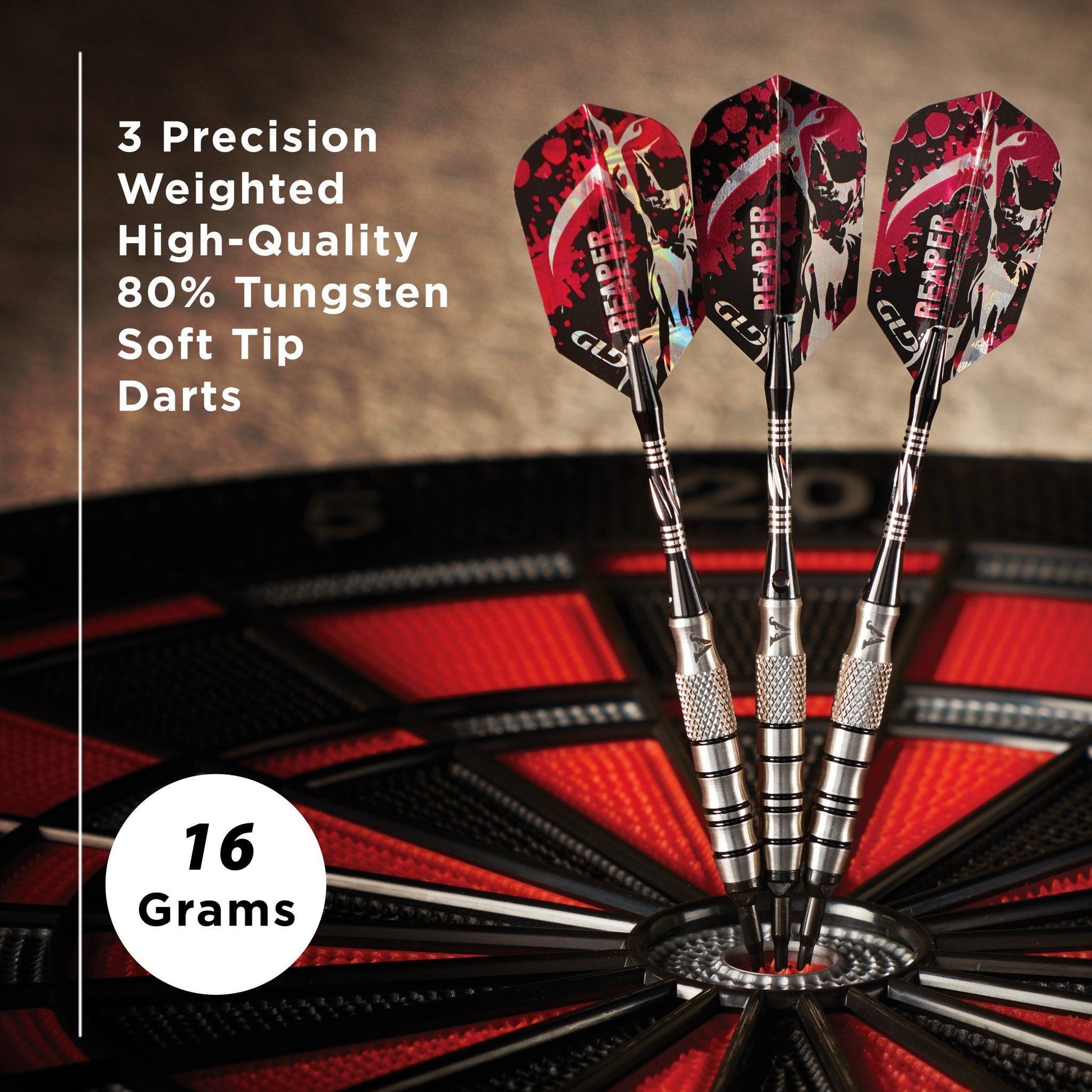 Three soft-tip darts with red reaper-skull flights and silver grip zones in dartboard stand