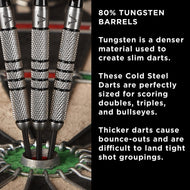 Three steel tip darts with crosshatch barrels in a dartboard stand