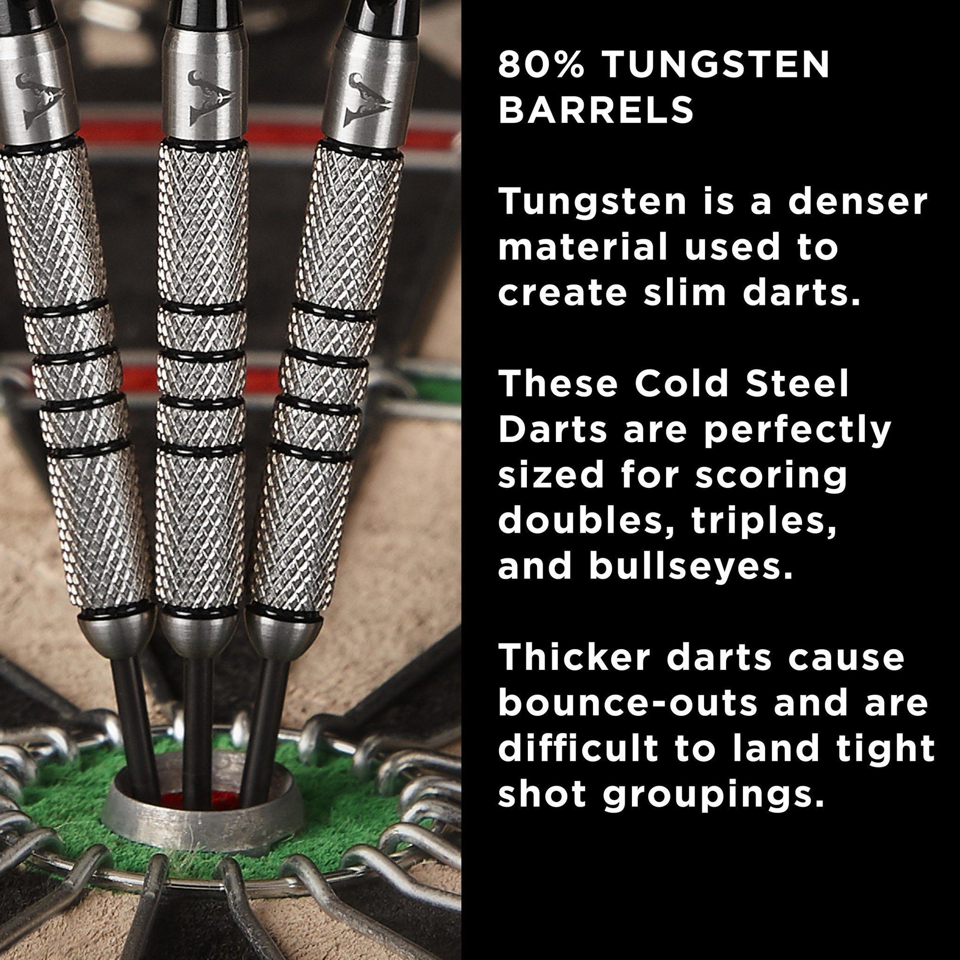 Three steel tip darts with crosshatch barrels in a dartboard stand
