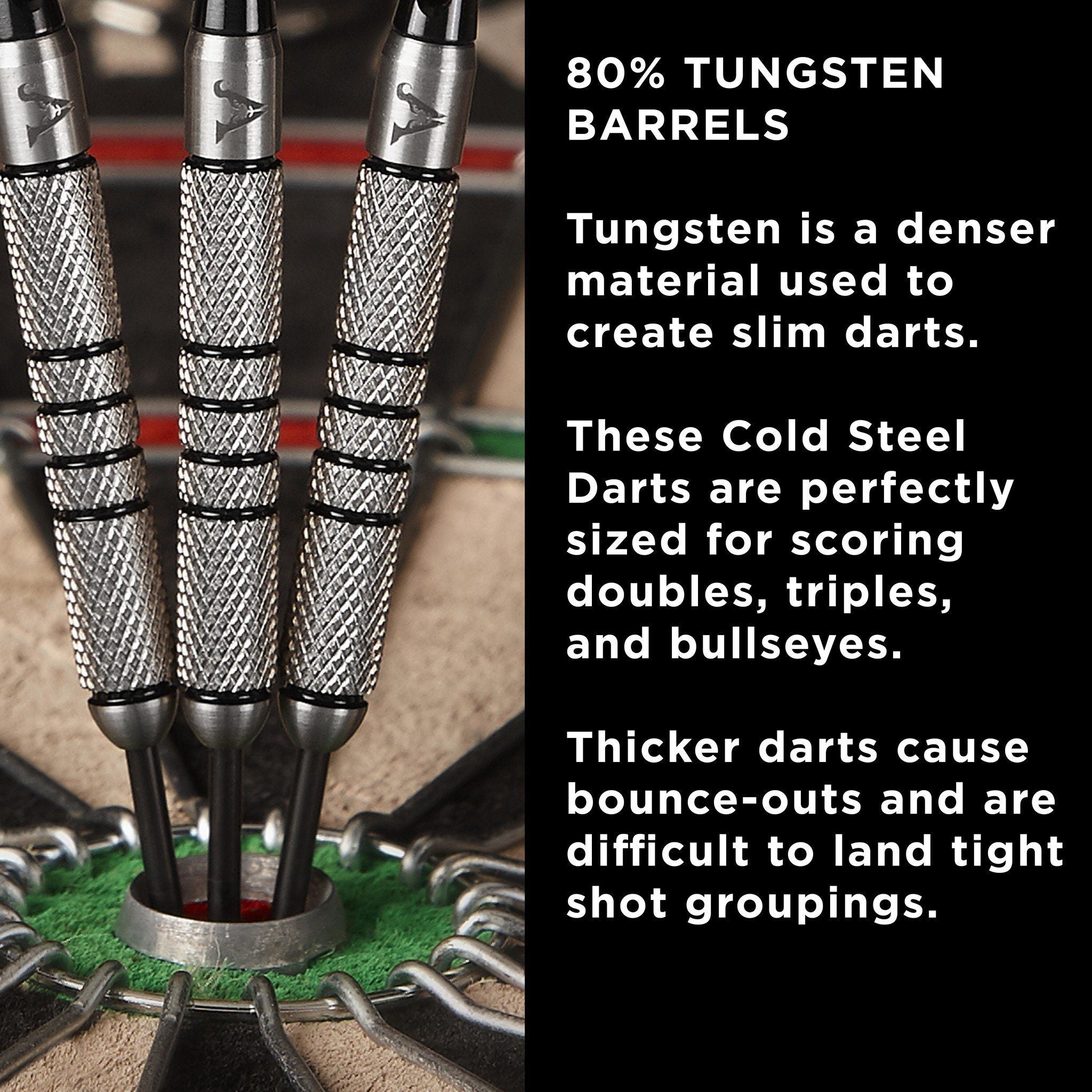 Three steel tip darts with crosshatch barrels in a dartboard stand