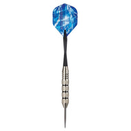 Blue lightning-patterned dart with black shaft, silver knurled grip bands, and pointed steel tip