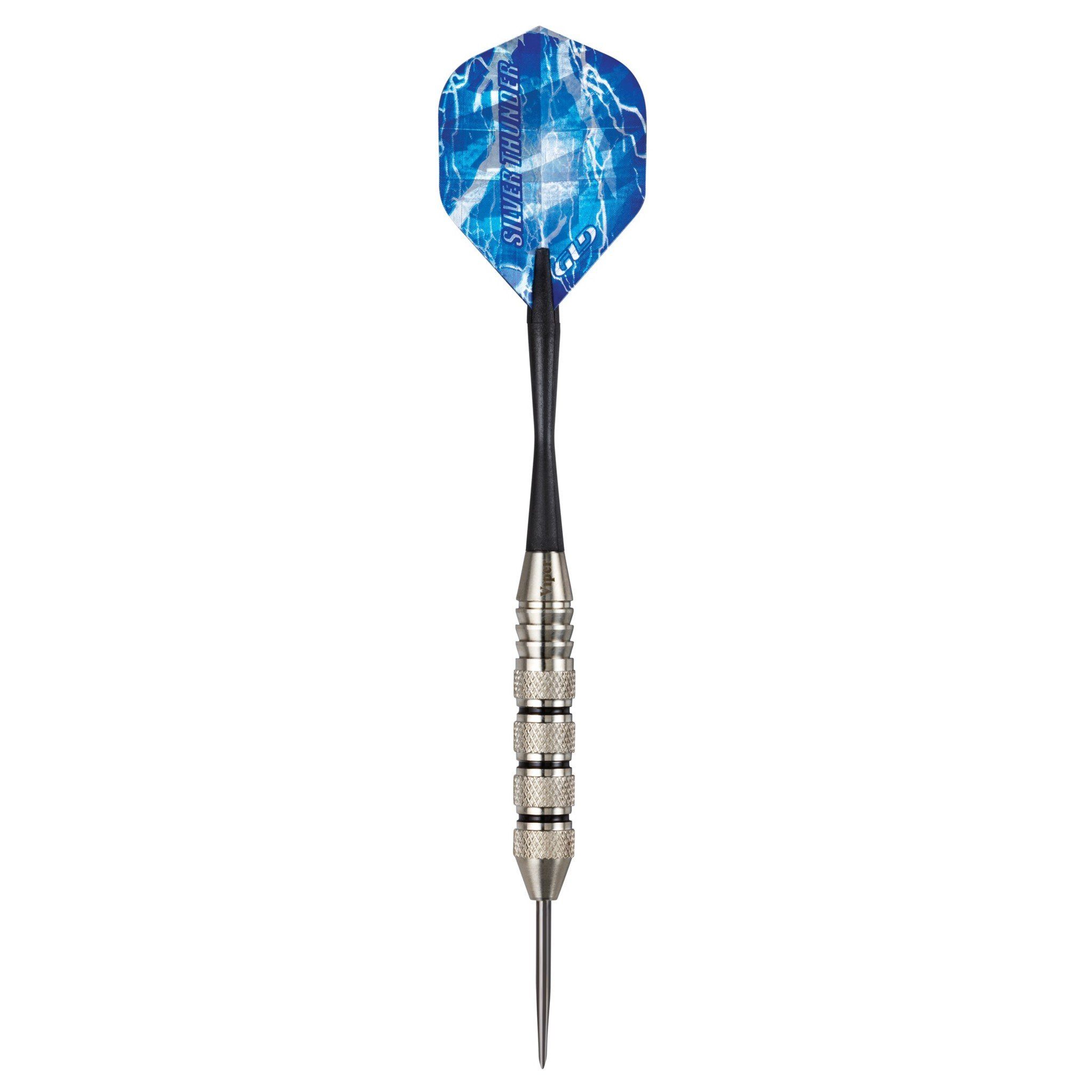 Blue lightning-patterned dart with black shaft, silver knurled grip bands, and pointed steel tip