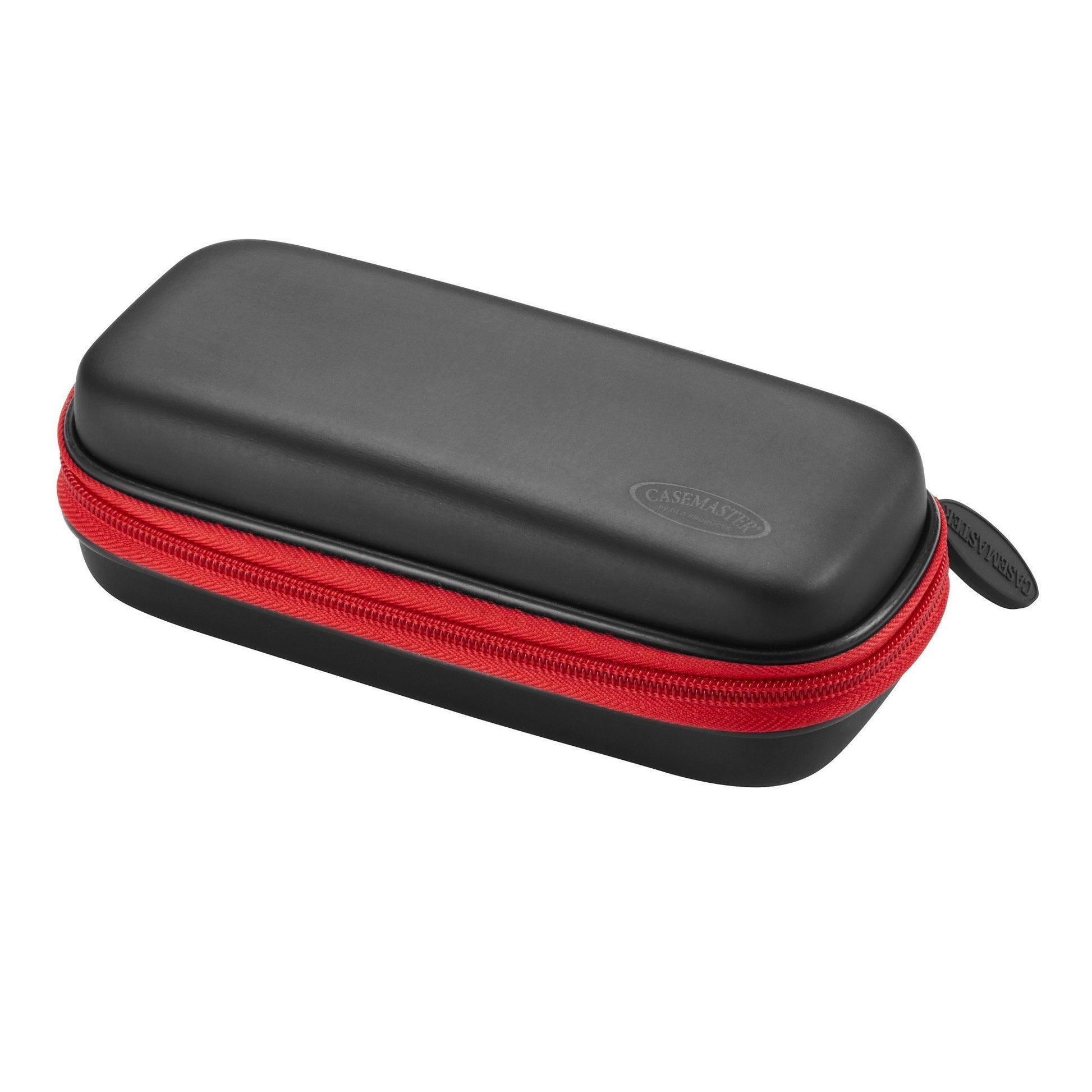 Black and red dart case with rounded top, red mesh zipper pocket, and black carrying handle