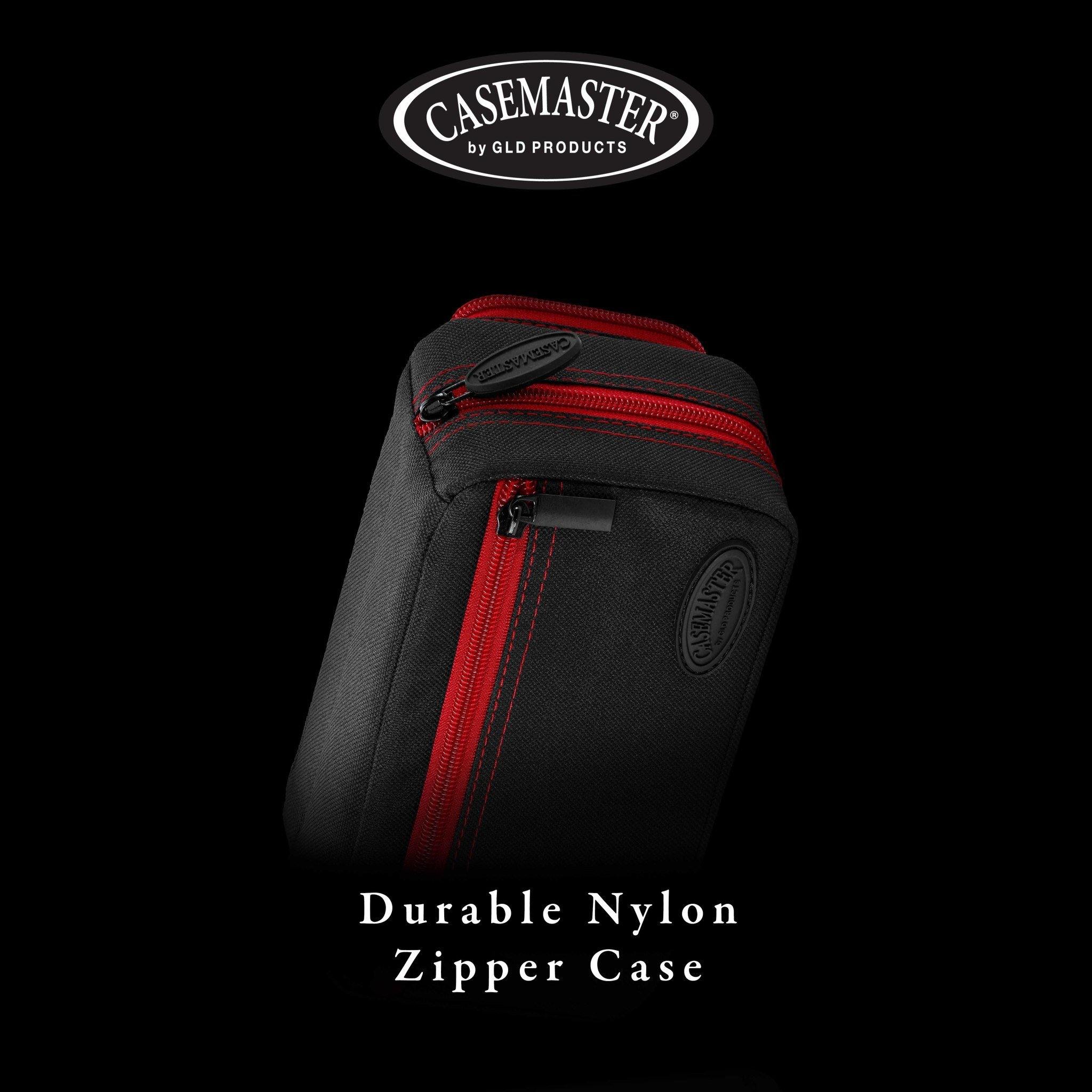 Black nylon dart case with red zippers and carrying handle, embossed Casemaster logo on front