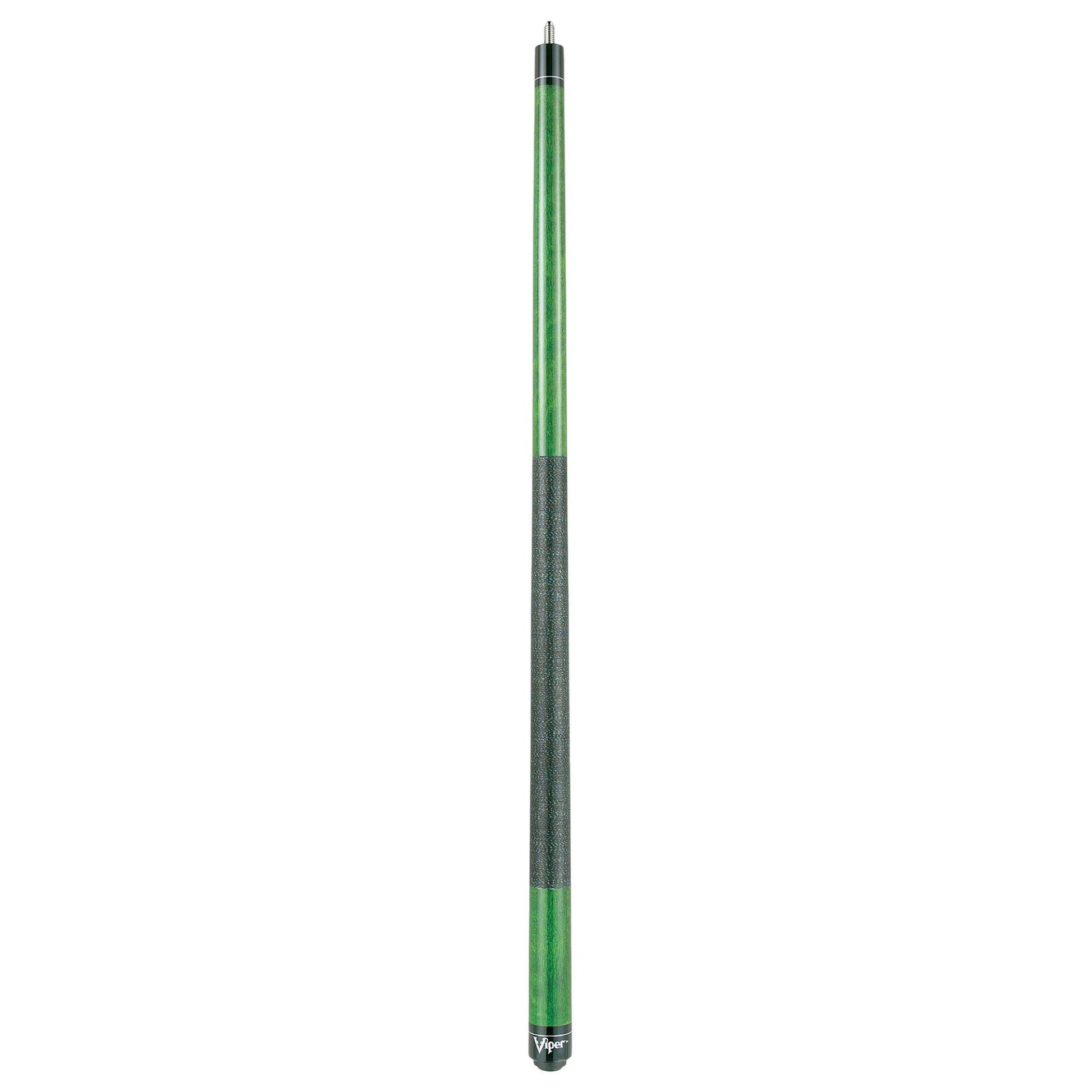Green and black billiard cue stick with textured grip section and chrome-colored ferrule at top