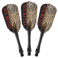 Three flight-and-shaft assemblies: black shafts with Celtic Blood gold-knotwork black flights.