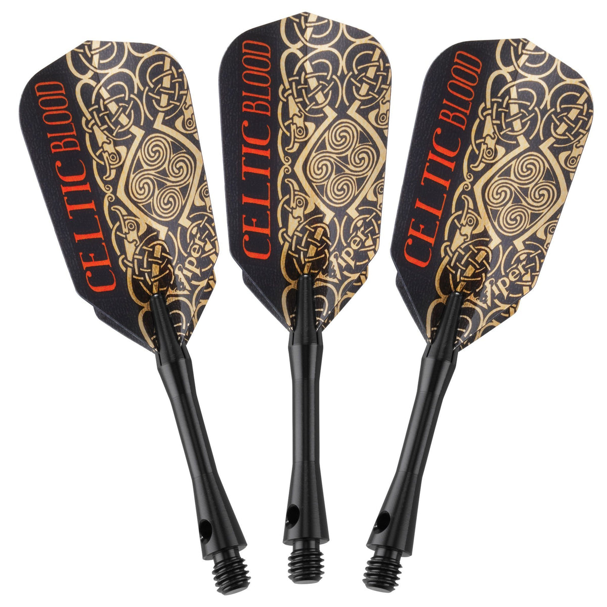 Three flight-and-shaft assemblies: black shafts with Celtic Blood gold-knotwork black flights.