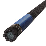 Cue stick with black textured shaft, blue wrapped grip section, and black ferrule with gray sparkle tip